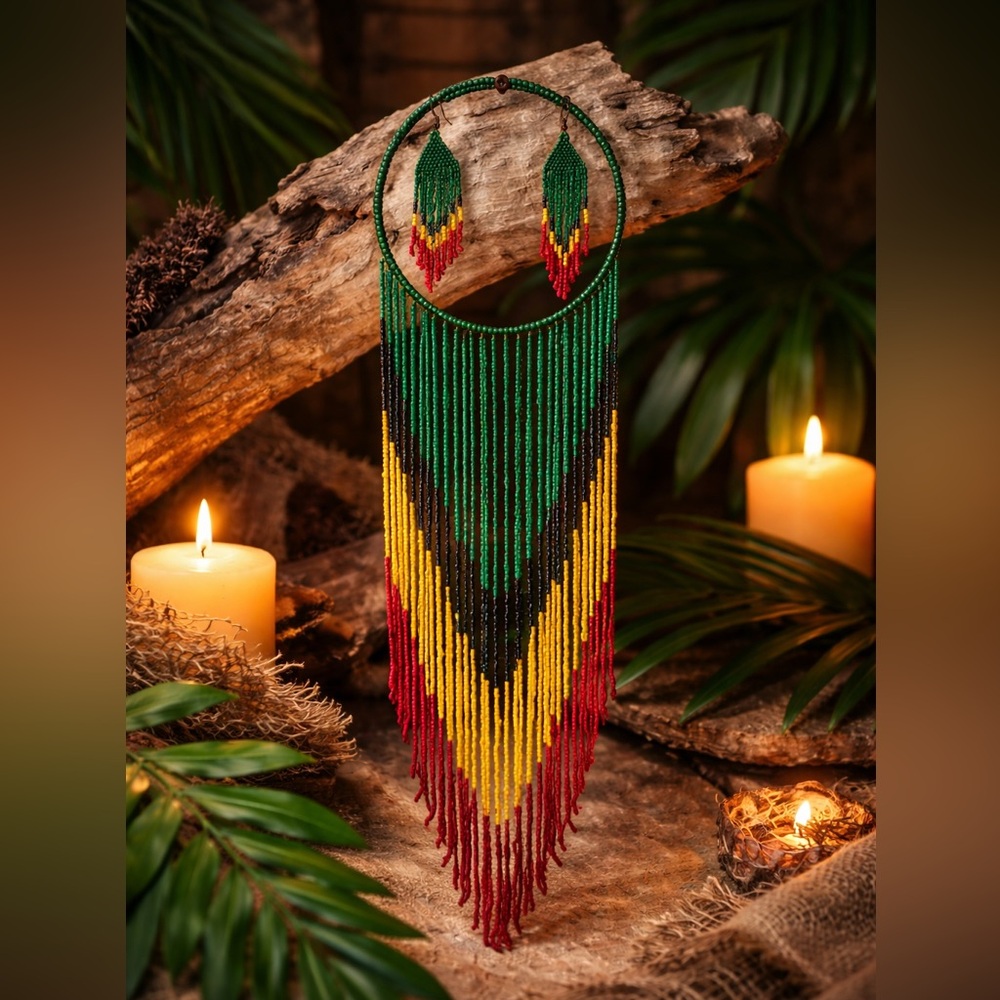 Handmade Beaded Fringe Necklace & Earrings Set - Green, Yellow, Black, Red